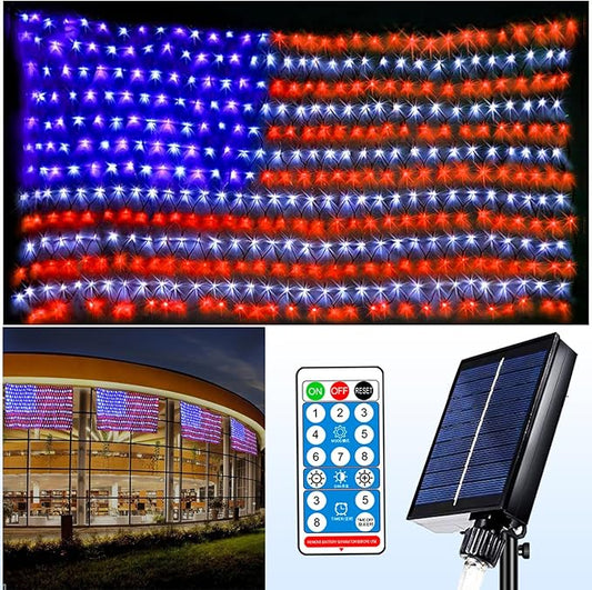 Solar American Flag String Lights - Waterproof 420 Led Solar Powered Flag Net Light for 4th of July Memorial Day Decorations Yard Garden Christmas Festival Holiday Patriotic Party Decoration Outdoor
