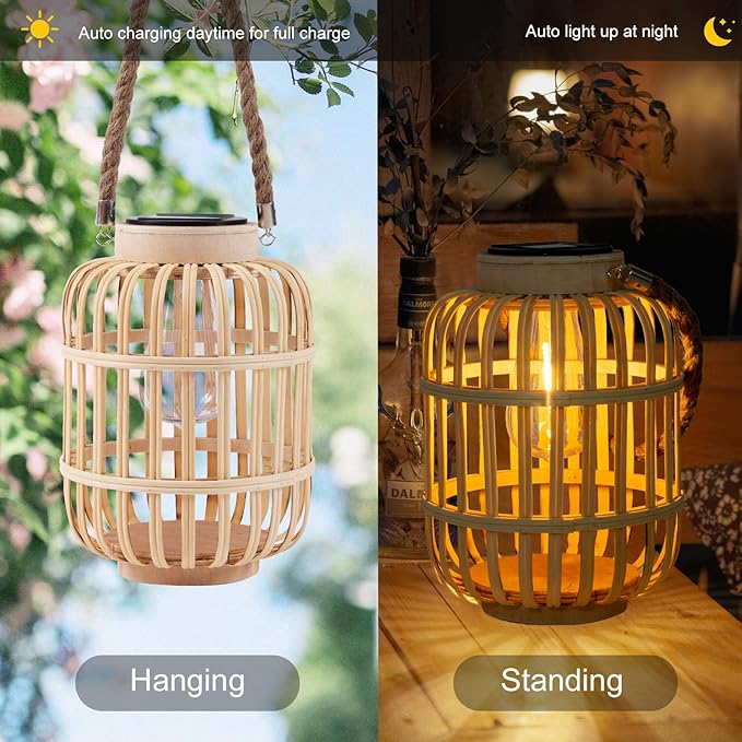 pearlstar Outdoor Solar Lanterns Light Rattan Natural Lantern with Handle for Hanging or Table Lamp for Patio Yard Garden Wedding Home Decoration, Edison Bulb, Auto on/Off (Style 4)