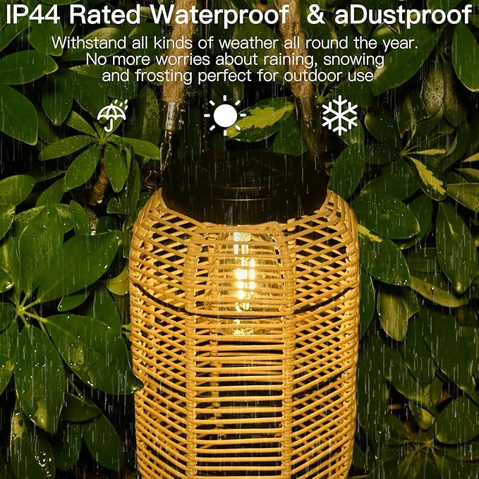 Solar Lantern Outdoor Hanging Lights, Large Solar Rattan Lantern Outdoor Waterproof with Twine Handle, Bright Outdoor Lanterns with Edison Bulb for Garden Patio Yard Tabletop Decoration