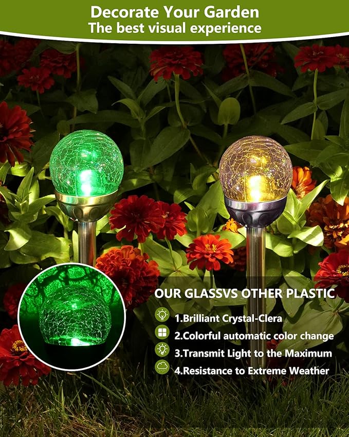 Solar Garden Lights Cracked Glass for Outdoor Waterproof Landscape Pathway Decorations 7 Colors Changing 10 Packs