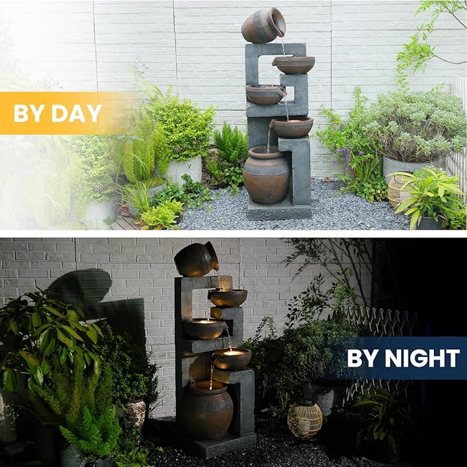 50.4" H Large Garden Fountains Outdoor, 5-Tier Cascading Rustic Style Bowl Water Fountain and Waterfall Feature with Light and Pump for Garden, Patio, Deck, Porch, Home Décor, Gray&Brown