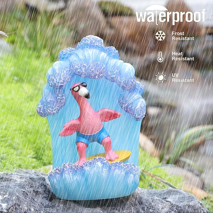 Pink Flamingos for Yard-Garden Statues Solar Outdoor Decor - Surfing Hawaii Beach Yard Art Light up Sea Wave Decor for Patio Lawn Yard
