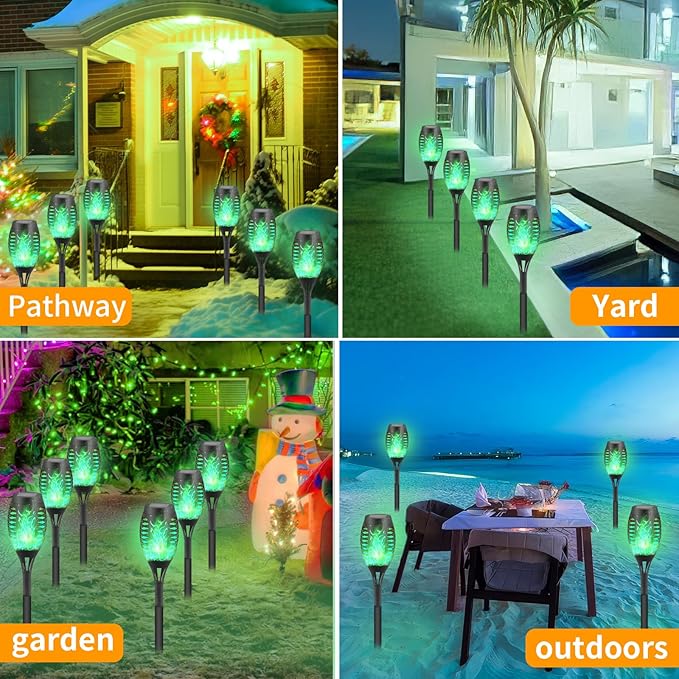 8-Pack Green Solar Flickering Flame Torches – Waterproof Solar Garden Lights, Outdoor Solar Lights for Yards, and Flame Torches for Patio and Pathway Decorations