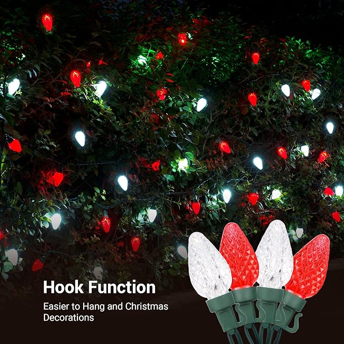 DEWENWILS C7 LED Christmas Lights Outdoor, 33.3ft 50LED Christmas String Lights, Outdoor Decorations for Christmas Tree, Patio, Garden, Yard, Green Wire, Red & White, UL Listed