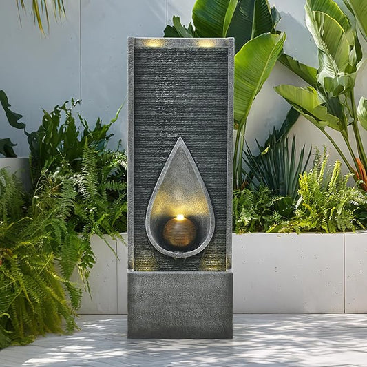 Water Fountain Indoor Outdoor, 53.14inch Modern Cascading Waterfall Feature with LED Lights, Tall Floor Standing Fountain for Garden, Deck, Patio, Porch, Yard Decor (53)