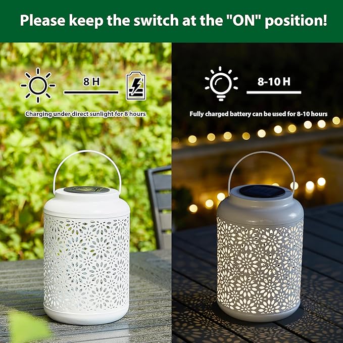 Glitzhome Solar Lantern White Metal Cutout Flower Outdoor Hanging Solar Light with Handle for Garden Patio Yard Outdoor Decor