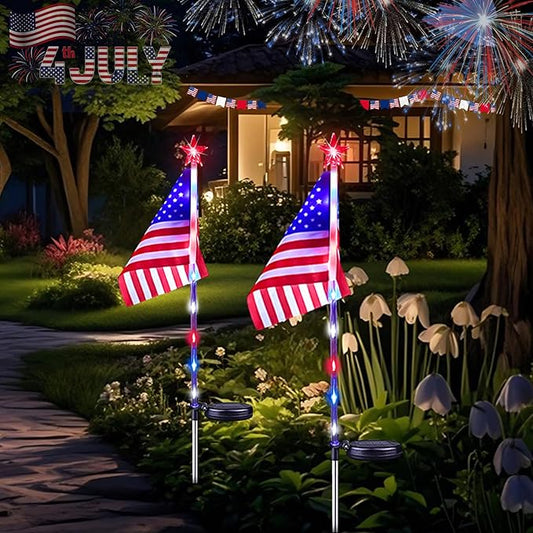 4th of July Decorations Outdoor Solar Lights, 2 Pack Red White and Blue Star Lights for National Day with American Flag, 2 Modes Waterproof Solar Patriotic Light for Independence Memory Day Yard Path