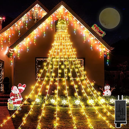 JXLEDAYY Christmas Lights Outdoor Decorations 344 LED Star Lights - Easy to Install Waterproof Fairy String, 8 Modes Xmas Tree for House Garden Party Wedding Holiday-Warm White