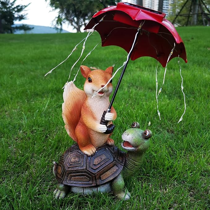 Solar Garden Statue Outdoor Decor - Squirrel Standing on Turtle Holding Umbrella with String Lights Outdoor Waterproof Statues for Patio Lawn Yard Decoration Garden Ornaments Housewarming Gifts