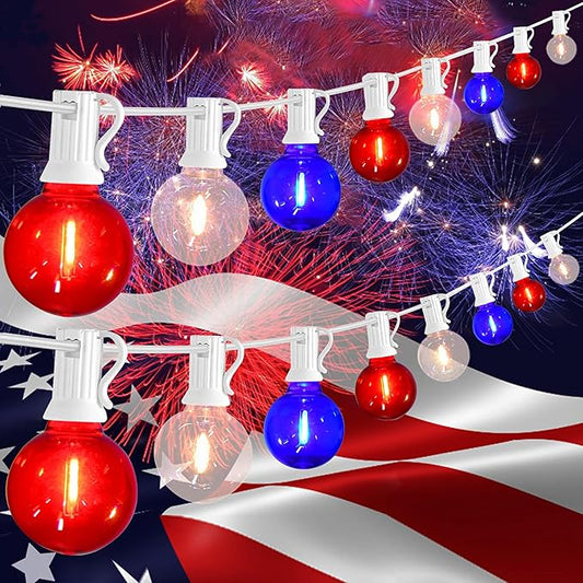 50Ft LED G40 Red White and Blue Lights Outdoor 4th of July Lights with 50+3 Shatterproof Bulbs for Patriotic Decor in Yard Garden Patio - Light up Memorial Day 4th of July Decorations Outdoor, 0.6W
