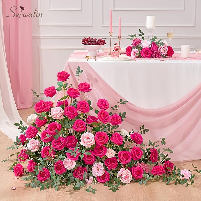 Serwalin 50pcs Artificial Roses Bulk, 4'' Big Velvet Flower Head, Hot Pink Rose Velvet Real Touch, Silk Fake Roses Long Stems Realistic Bouquet for Wedding Table Centerpiece and Home Decor