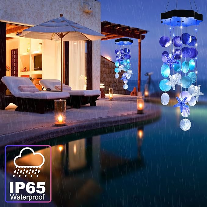 Solar Wind Chimes for Outside, White & Blue Shell Gifts for Mom Grandma Women, Waterproof Solar Outdoor Decorative Mobile Lights for Garden, Yard, Patio, Window, Party, Outdoor Decorations