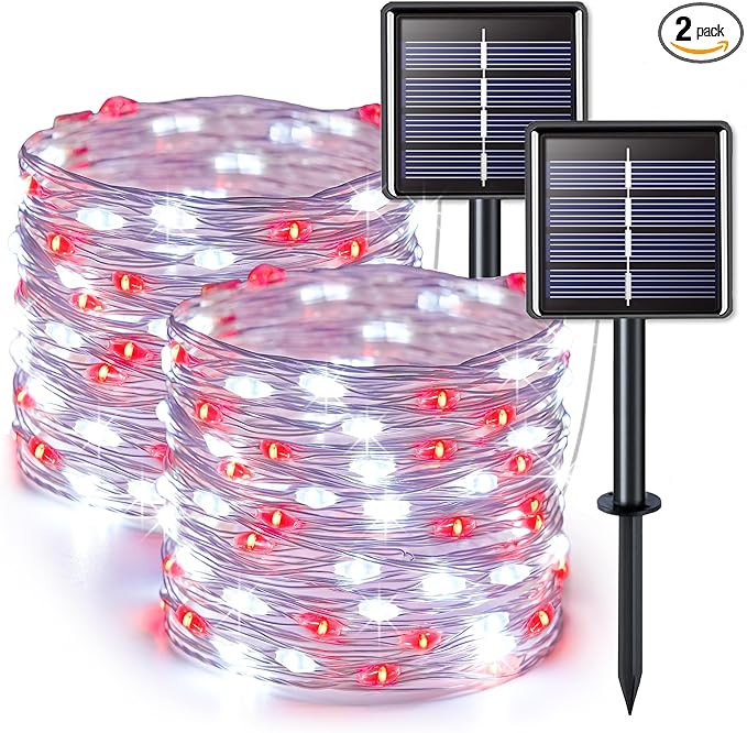 JMEXSUSS 2 Pack Red and White Solar Christmas Lights, Each 33FT 100 LED Solar String Lights Outdoor, Waterproof Solar Fairy Lights for Outside Christmas Decorations