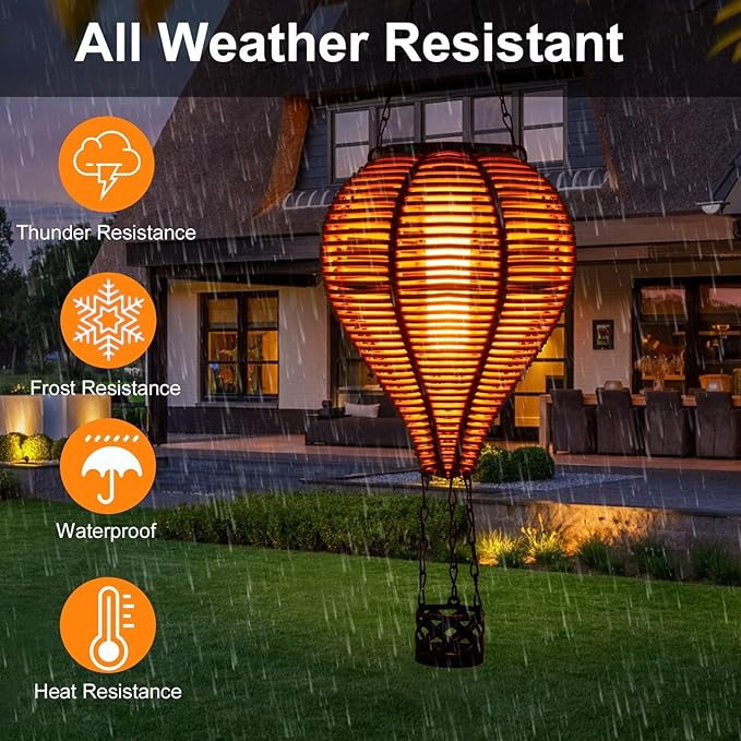pearlstar Solar Hot Air Balloon Lantern with Flame Light Outdoor Hanging Solar Powered Lights Woven Solar Lantern Waterproof for Patio Yard Farmhouse Garden Wedding Holiday Decoration