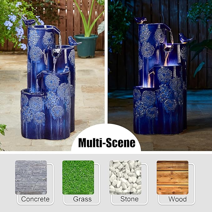 Glitzhome 32" H Outdoor Water Fountain with LED Lights and Pump, 4 Tier Ceramic Cobalt Blue Dandelion Texture Outdoor Fountains and Waterfalls with Cute Birds, for Porch Deck Garden Patio Backyard