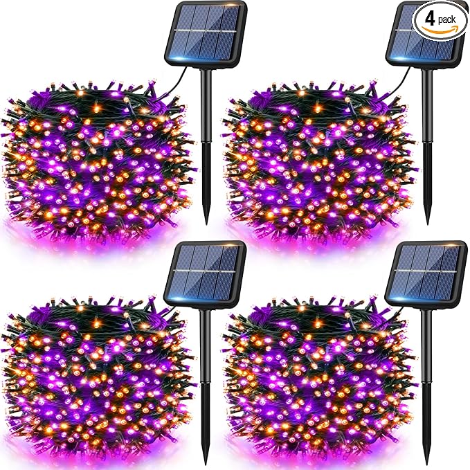 btfarm 4 Pack Solar Halloween String Lights Outdoor, 480LED 156Ft Orange Purple Solar Lights Waterproof Outside, 8 Modes Tree Twinkle Light Solar Powered for Garden Yard Patio Party Decorations