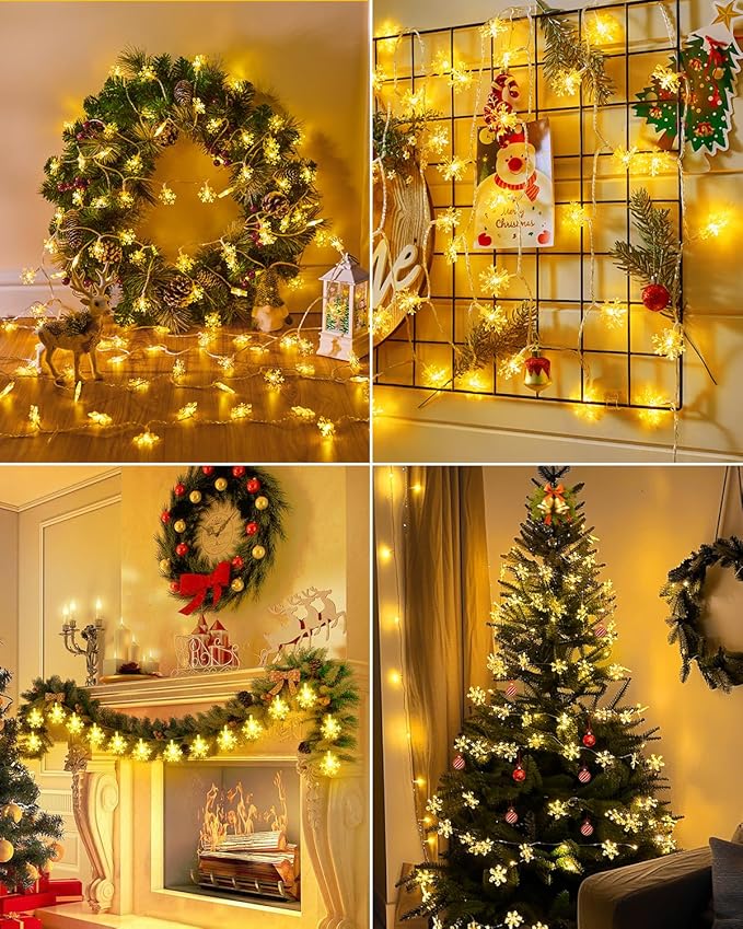 Brightown Solar Christmas Snowflake String Lights 50 LED 31 FT Outdoor Waterproof Snowflake Fairy Lights with 8 Lighting Modes for Christmas Party, Tree, Room, Garden, Patio, Yard, Home, Warm White
