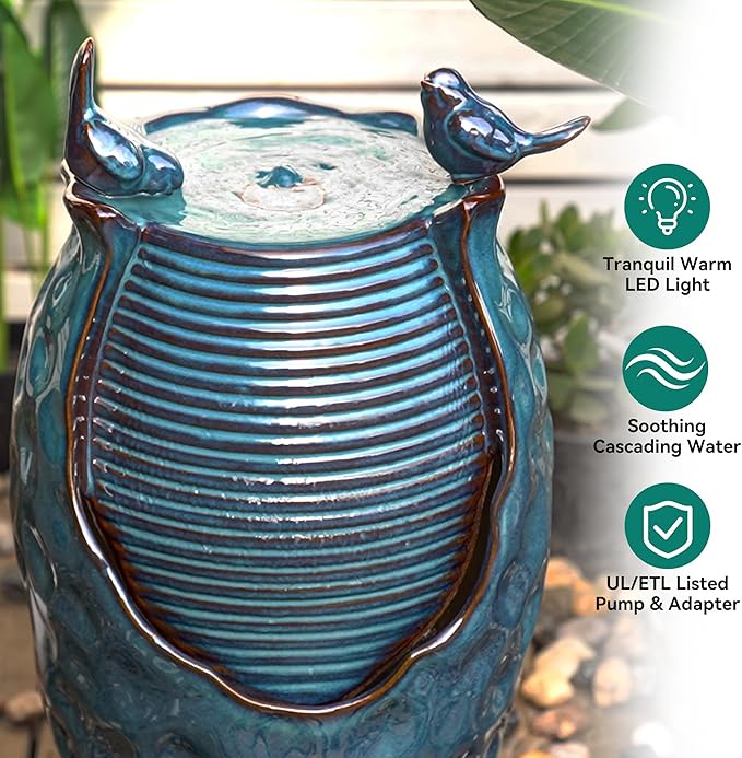 24.8" H Ceramic Jar Outdoor Water Fountain with LED Lights & Bird Accents, Elegant Turquoise Glaze with Bubble-Like Texture, Decorative Garden Water Feature