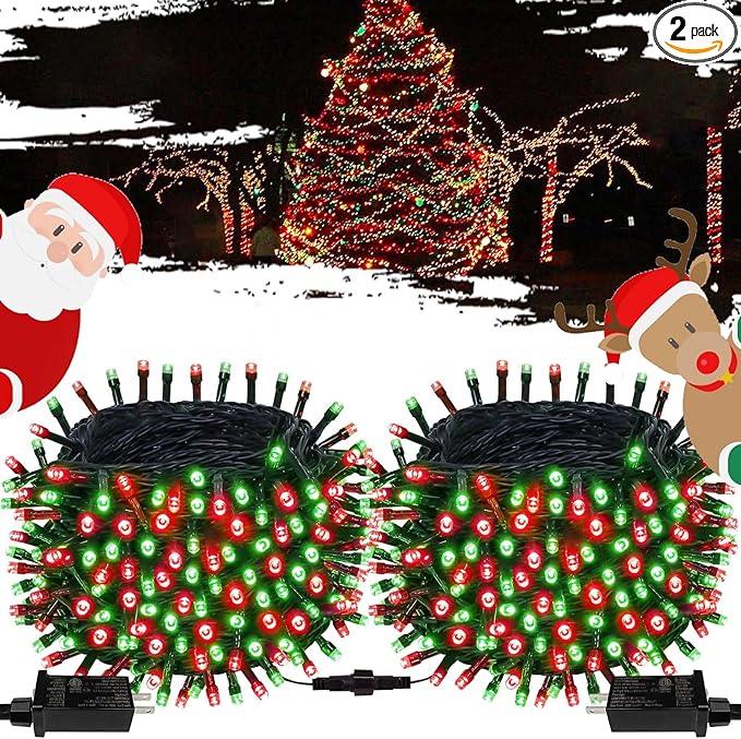 Connectable Red and Green Christmas String Lights, 2Pack 164FT 400LED Christmas Lights for Outdoor Indoor, Plug In Christmas Tree Lights with 8 Modes, String Lights for Christmas Decorations Holiday