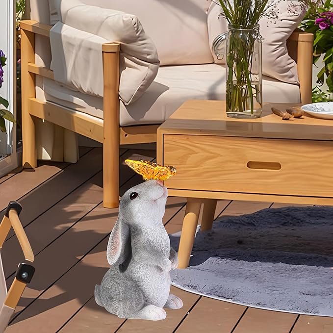 Bunny Outdoor Decor, Solar Rabbit Garden Statue, Cute Easter Gift Outside Lawn Ornaments for Patio Clearance Yard Porch, Housewarming Gift to Mom Women Birthday Mother's Day