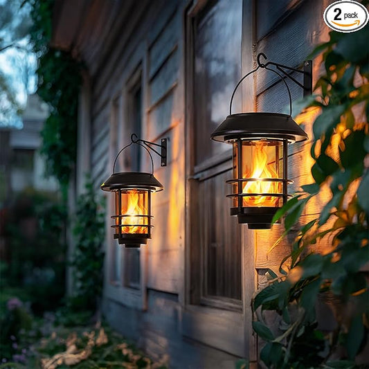 Otdair Solar Wall Lantern Outdoor, Flickering Flames Solar Sconce Lights Outdoor, Hanging Lamps Wall Mount for Front Porch, Patio and Yard, 2 Pack