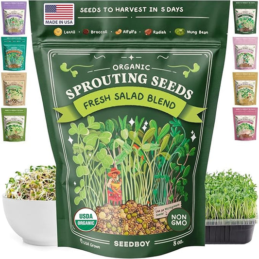 Seedboy Organic Sprouting Seeds - Salad Blend Variety- Non-GMO, USA Grown Microgreens Mix - Alfalfa, Broccoli, Radish, Mung Bean, Lentil - Makes 8 Quarts of Sprouts, 24 Servings (8 oz) (Salad Blend)