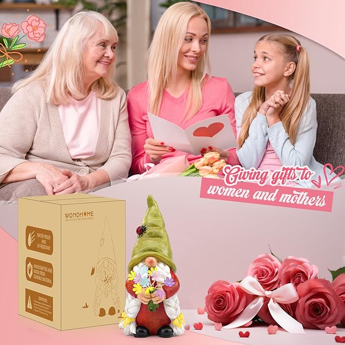 Solar Garden Gnome Lady Statues Outdoor Gnomes with Flowers Lights Porch Patio Lawn Yard Decoration - Ideal Christamas Gardening Birthday Gifts for Woman Mom