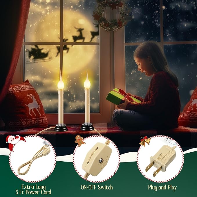 Enhon 4 Pack Rustic Country Candle Lights with Replacement Silicone Bulb, C7 0.6W Electric LED Christmas Window Candles Plug in, UL Certification Warm White Candlestick Lamp, 5 FT Cord, On/Off Switch