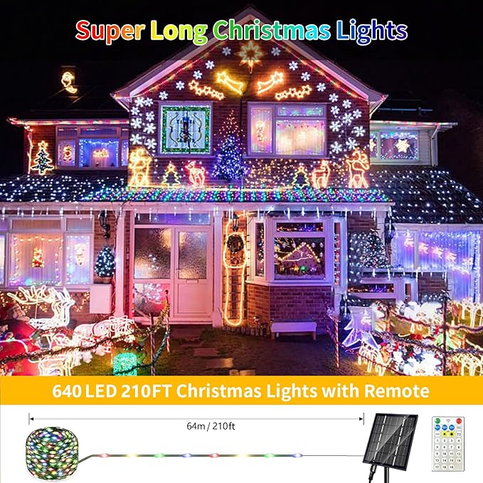 Solar Christmas Lights Outdoor, Upgraded 212FT 640LED Power with Remote,19 Modes Waterproof Solar String Lights for Outside Garden Home Christmas Decorations (Multicolor)