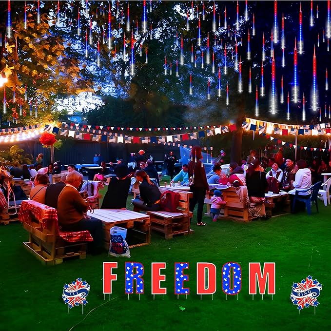 KNONEW 24 Tube Red White and Blue Meteor Shower Lights 4th of July Decorations,16 in 672 LEDs String Lights,52FT Plug in Waterproof Outdoor Lights for Independence Day House Tree Party Decor
