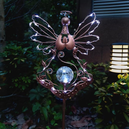 Solar Angel Outdoor Lights Garden Stake - Metal Angel Crackle Glass Ball Solar Light- Waterproof 31 White LED for Garden Lawn Patio or Courtyard Decor（Bronze）