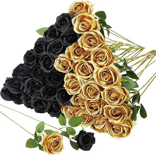 36 Pcs Silk Black Gold Rose Bouquet Bridal Artificial Flowers,Fake Rose Long Stem Realistic Flowers Bulk for Wedding Bouquet Ball Arrangement Centerpiece Party Decor
