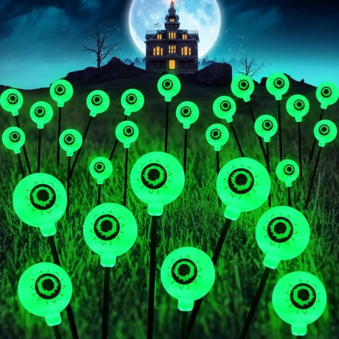 Solar Eyeball Lights Outdoor, 4 Pack 32 LED Halloween Eyeball Lights Outdoor Waterproof 8 Modes Scary Eyeballs Swaying Lights, Eyeballs Halloween Decor for Outside Yard Garden Party (Green)