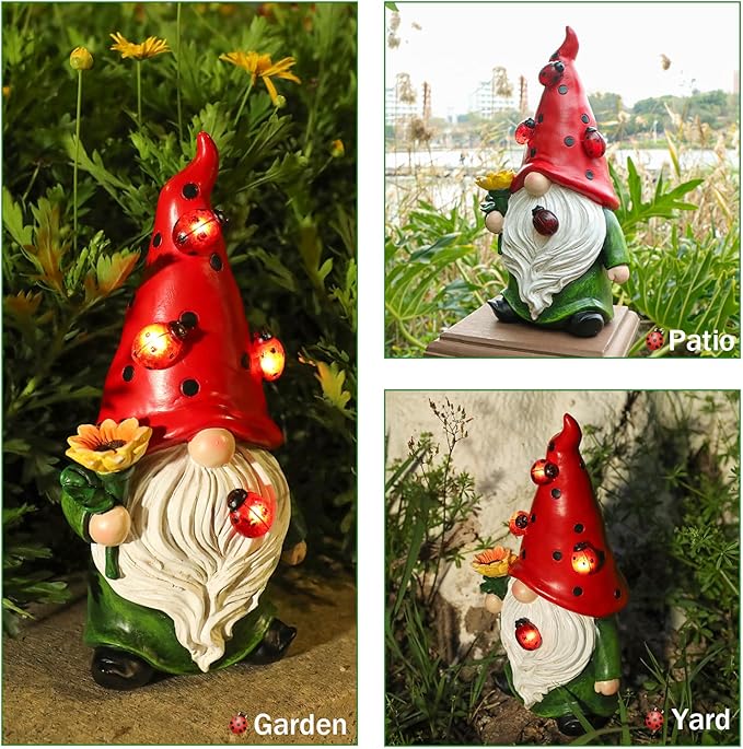 Garden Gnome Statue, Resin Sunflower Ladybug Gnome Figurine with Solar Lights for Porch Patio Yard Outdoor Decor