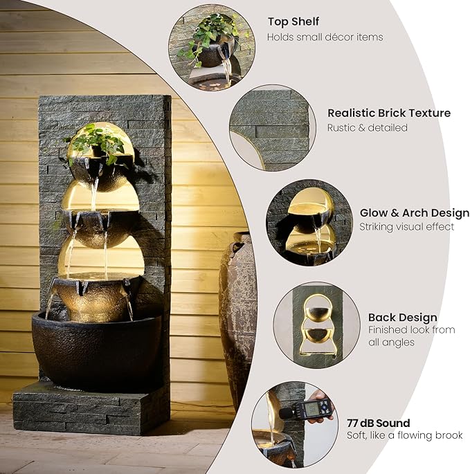 43" H Water Fountain Outdoor Garden - Large Waterfall Tiered Freestanding Cascade Bowl Fountains with LED Strips for Patio Backyard Deck Porch Home Decor, Brown