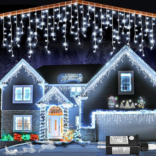 132ft Icicle Lights for Outside, 1280 LED White Christmas Lights Outdoor with 240 Twinkle Drops, 8 Modes Plug in Waterproof Timer Memory for Tree Wedding Party House Patio Eave Yard Holiday Decoration