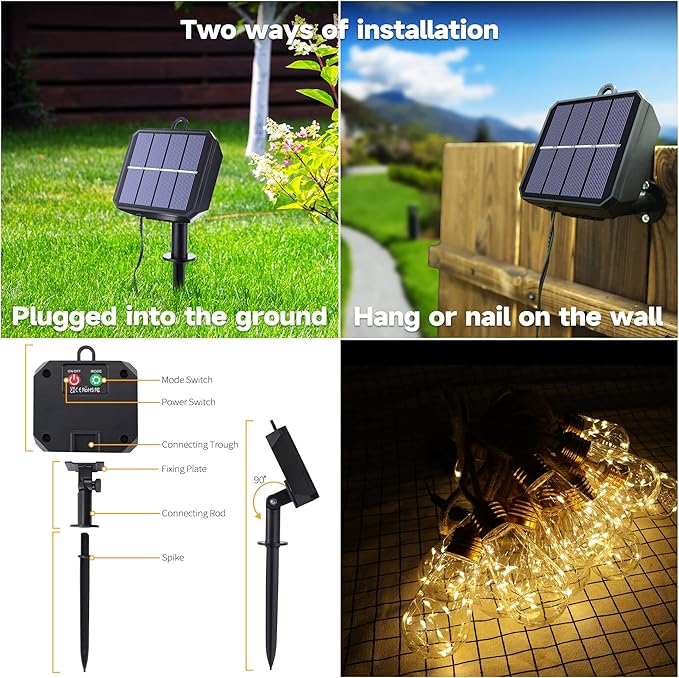 Solar Outdoor String Lights, 2 Pack 20Ft Vintage Rope Hemp Solar Patio Lights, Waterproof Warm White Solar Powered String Lights With 8 Modes 16 Shatterproof Bulbs for Fence Stairs Balcony Café Bistro