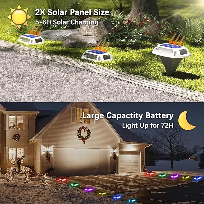 Solar Driveway Lights Dock Deck Lights 2 Pack, 9 Colors in 1, LED Driveway Markers Deck Lights IP68 Waterproof Outdoor Solar Powered Warning Step Lights for Pathway RGB