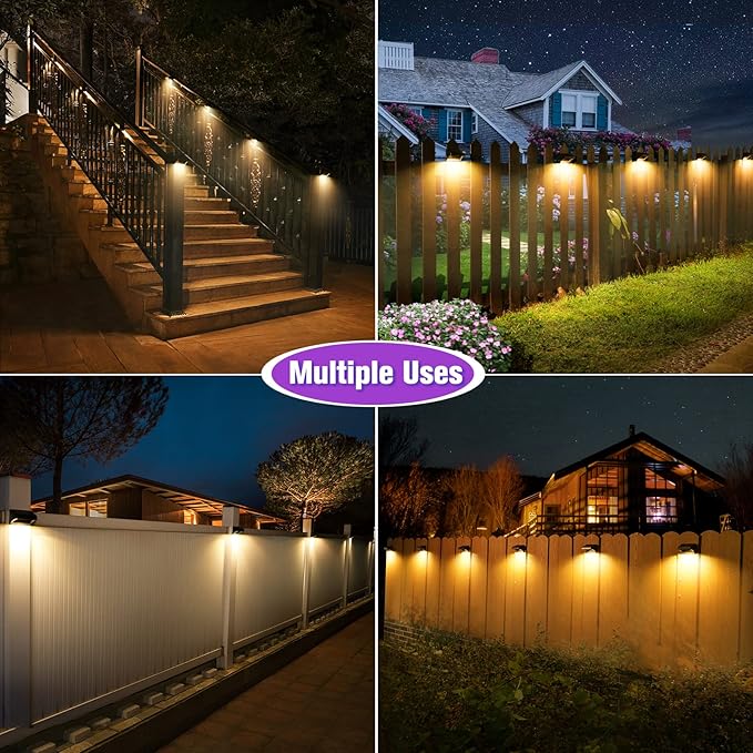 Aulanto Solar Fence Lights 8 Pack, Fence Solar Lights IP65 Waterproof, Warm White and 10 RGB Color Modes, Outdoor Decor for Backyard, Garden, Fence, Wall, Deck, Stairs