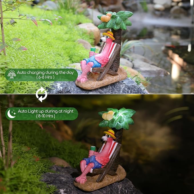 Pink Flamingos for Yard-Solar Statues Outdoor Garden Gifts - Flamingos on Beach Vacation Light up Coconut Tree for Outdoor Lawn Yard Decor