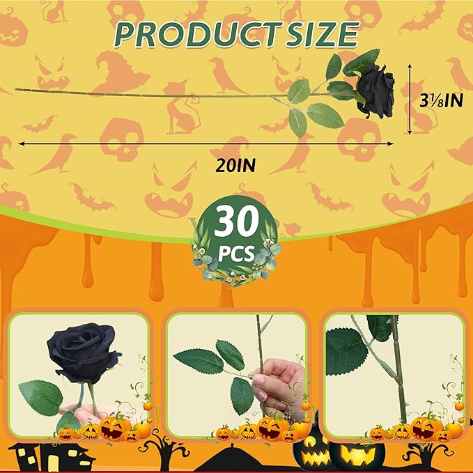 30 PCS Fake Black Roses, Artificial Flowers Bulk Halloween Decorations Realistic Silk Faux Roses with Stems for Gothic Wedding Party Decor, Bridal Bouquets DIY Floral Arrangement Home Decor