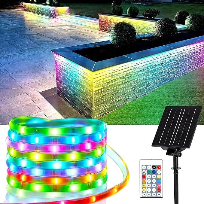 Solar Led Strip Lights Outdoor RGB,16.4FT Music Sync Solar Strip Lights Outdoor Waterproof IP68 with Remote & 8 Lighting Modes,Powered Rope Lights for Yard Trees,Garden,Step,Patio,Fence,Deck