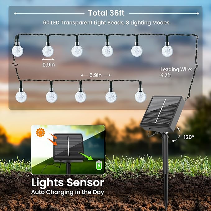 Solar Lights Outdoor Waterproof, Total 36 ft 60 LEDs Crystal Globe Lights with 8 Modes, Solar String Lights for Outside, Patio Porch Garden Yard Christmas Wedding Party Decor (Cool White)