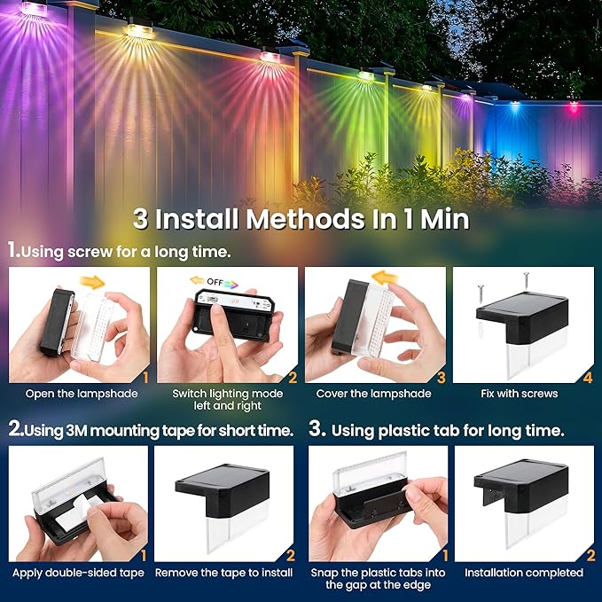 SOLPEX Solar Fence Lights Outdoor,Solar Deck Lights Waterproof Led Solar Lights for Outdoor Stairs,Step,Patio,Yard,Garden,Balcony and Porch,12 Pack Shell-Like Light Spots(Black Shell,Warm White&RGB)