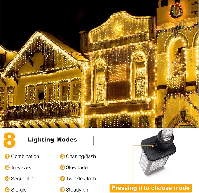 DDMY Christmas Lights Outdoor Decorations 416 LEDs 34 FT 8 Modes Curtain String Light with 78 Drops, Waterproof Clear Wire LED Light for Christmas Party Decor, House, Garden, Yard Decoration