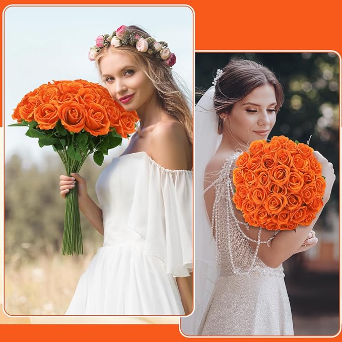 36 Pcs Orange Artificial Roses with Long Stems, Fake Silk Rose Artificial Flowers Bulk for Bridal Wedding Bouquet Centerpiece Ball Arrangement Party Decor