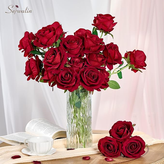 Serwalin 50pcs Artificial Red Roses, 4'' Velvet Flower Head Fake Rose Bulk, Real Touch Silk Roses Realistic Bouquet Long Stems Wedding Home Decor and Table Centerpiece