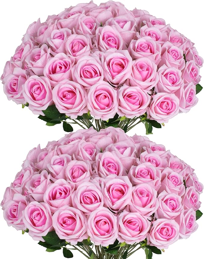 50 PCS Fake Pink Roses, Artificial Flowers Bulk Realistic Silk Faux Rose with Stems for Wedding Decoration Bridal Bouquet Birthday Celebrations DIY Floral Arrangement Home Decor