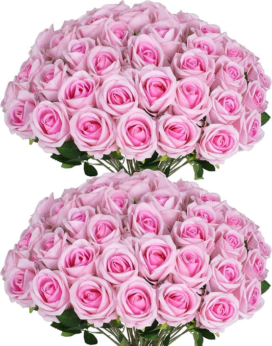 50 PCS Fake Pink Roses, Artificial Flowers Bulk Realistic Silk Faux Rose with Stems for Wedding Decoration Bridal Bouquet Birthday Celebrations DIY Floral Arrangement Home Decor