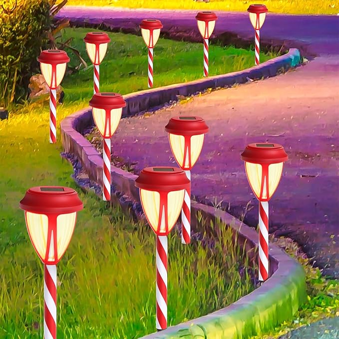 Dynaming 10Pack Solar Christmas Garden Lights, Outdoor Solar Powered Solar Candy Cane Pathway Markers, Waterproof & Auto On/Off Xmas Decorative Lights for Patio Yard Walkway Driveway Decor, Warm White